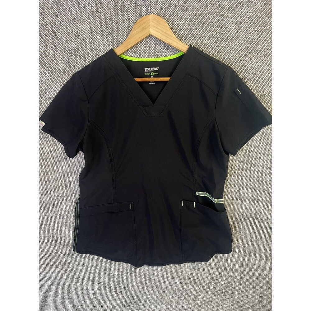Scrubstar Black Scrub Top Women Size Small Stretch Black Green Stich Pockets